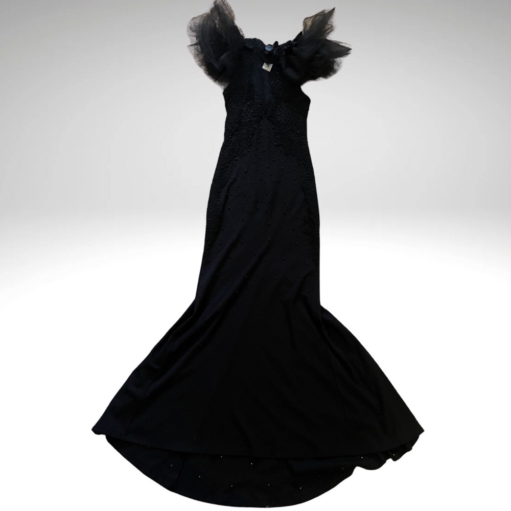 TOV Holy Black Maxi Dress with Tulle Sleeves